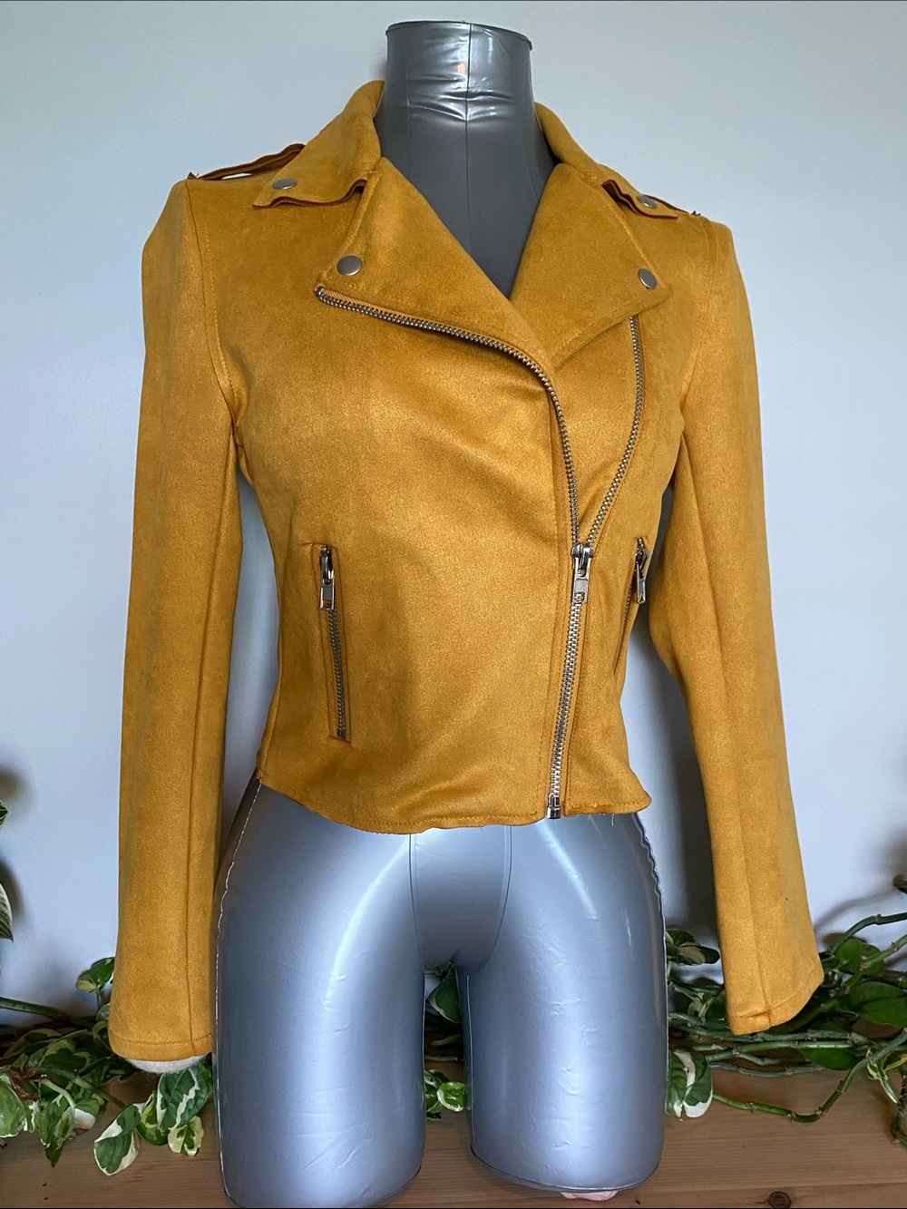 Jealous Tomato faux leather moto jacket, mustard, small